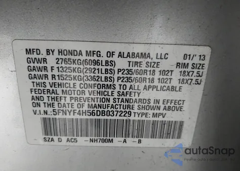 2013 Honda Pilot Ex-L from USA, damaged, VIN 5FNYF4H56DB037229